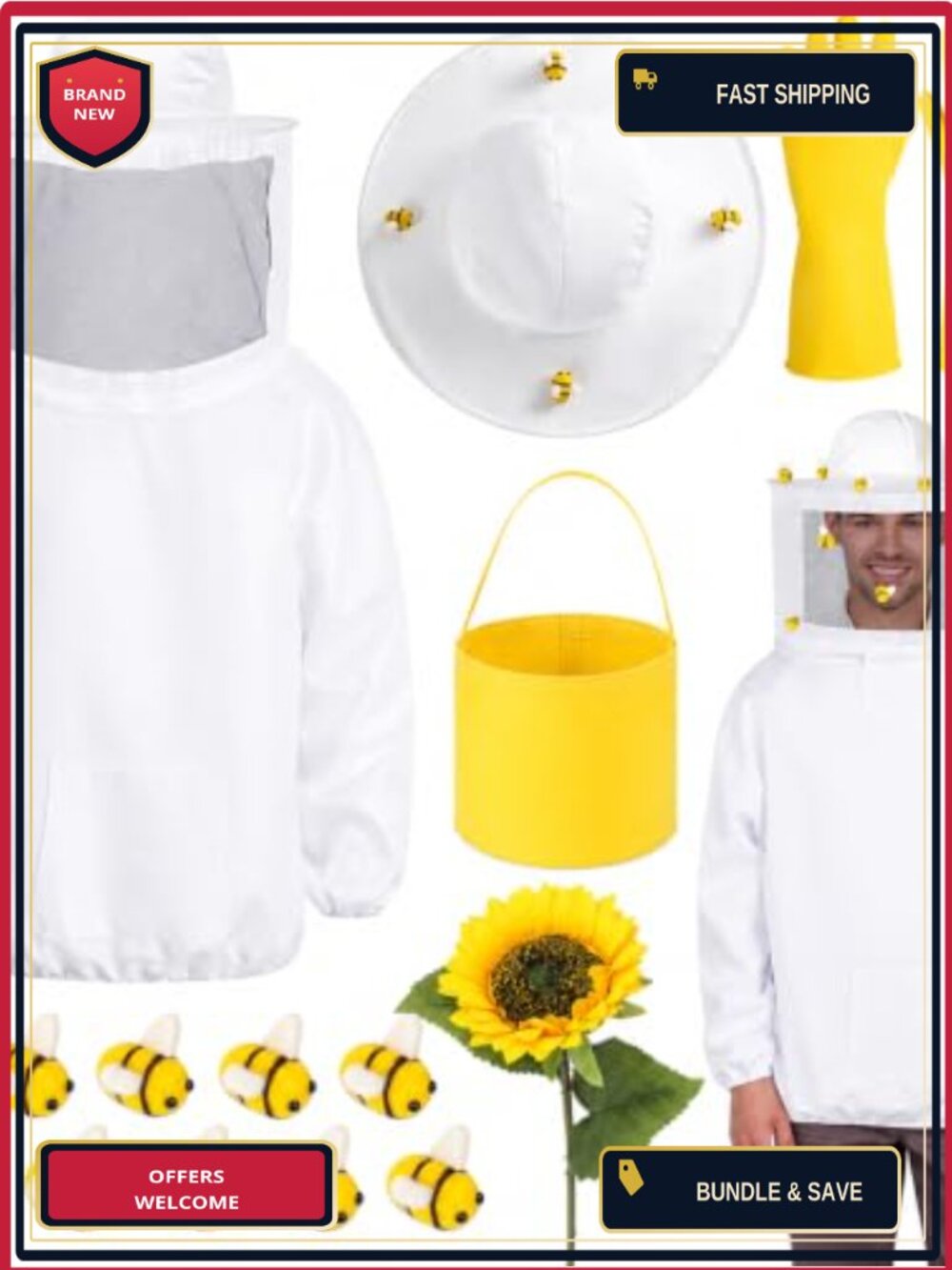 Beekeeper Costume Set Jacket Felt Bees Gloves Bucket Sunflower Halloween